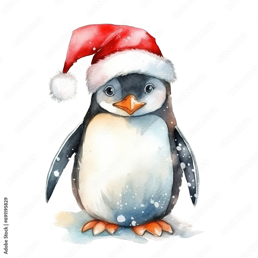 Naklejka premium Penguin Wearing Santa Hat For Christmas Event. Watercolor Style. AI Generated