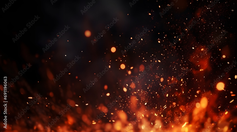 Fire embers particles over black background. Fire sparks background. Abstract dark glitter fire particles lights. - obrazy, fototapety, plakaty 