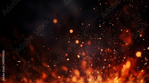 Fire embers particles over black background. Fire sparks background. Abstract dark glitter fire particles lights. photo
