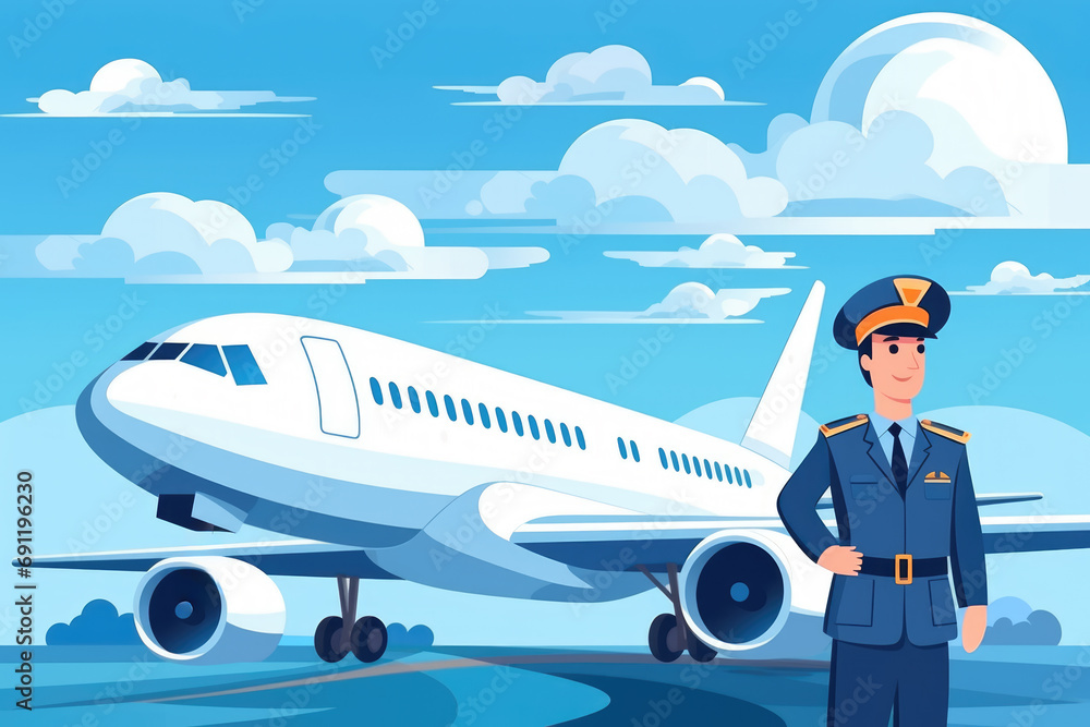 Cartoon Pilot Next to Passenger Airplane Cartoon Pilot Next to Passenger Airplane