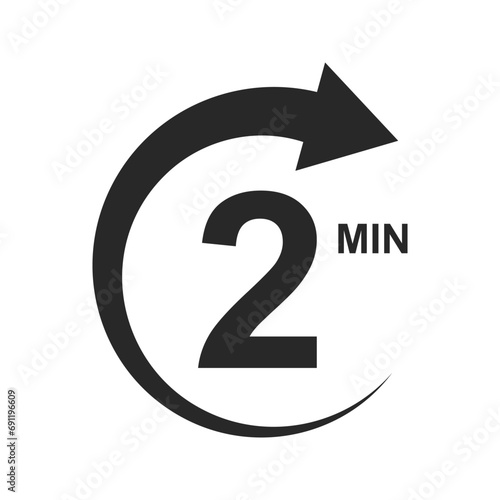 2 min countdown sign. Two minutes icon with circle arrow. Stopwatch symbol. Sport or cooking timer isolated on white background. Delivery, deadline, duration pictogram. Vector graphic illustration photo