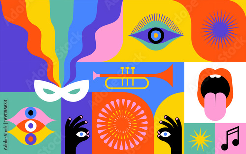 Happy Carnival, colorful geometric background with splashes, speech bubbles, masks and confetti 