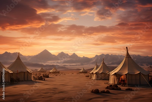 camping tents in the middle of the desert with the mountains at back