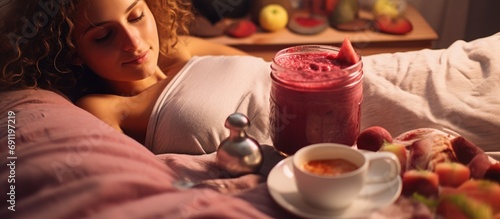 A young girl lye on her bed and drinking her beetroot soup Healthy homemade soup. Copy space image. Place for adding text photo