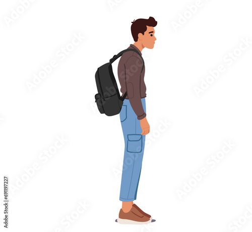 Male Character Displays A Hunched Posture Under The Weight Of A Backpack, Shoulders Slouched Forward Vector Illustration