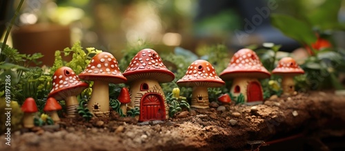 A pair of clay figurines of fantasy toadstool shaped castles with stairs towers and windows on the forest floor of a Potter s garden. Copy space image. Place for adding text