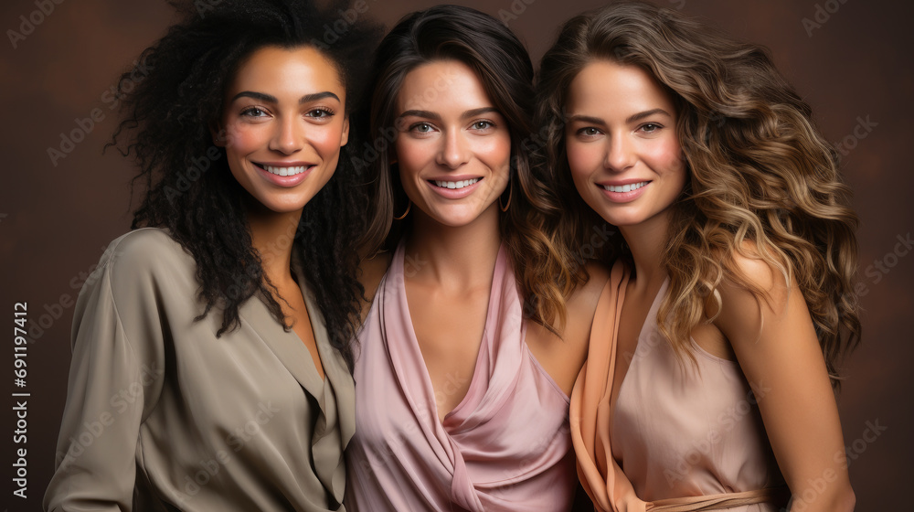 portrait of beautiful young women of different races and nationalities, stylish girls, friends, international women's day, March 8, equality, diversity, feminism, feminine face, studio, background - obrazy, fototapety, plakaty 