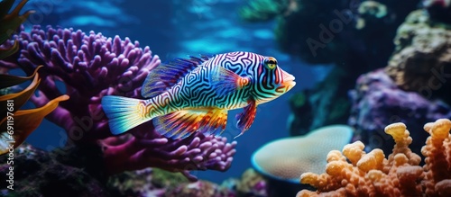 A picture of a mandarin fish swimming in the coral. Copy space image. Place for adding text