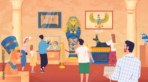 People in egyptian museum. Tourists visiting egypt museums with mummies ancient artwork statue pharaoh tomb, guide in cairo old history gallery interior cartoon vector illustration photo
