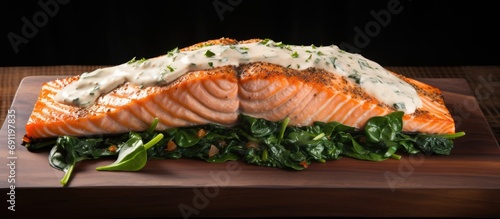 Cedar plank grilled salmon with spinach and spicy cream sauce. Copy space image. Place for adding text