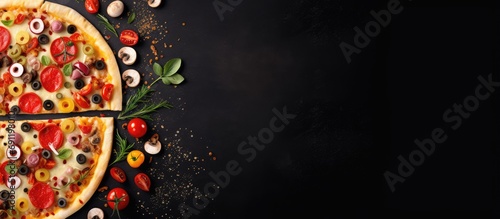 Cold Cola with Pizza with red pepper green pepper olive and corn. Copy space image. Place for adding text