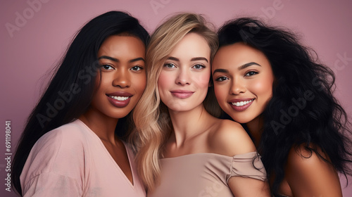 portrait of beautiful young women of different races and nationalities, stylish girls, friends, international women's day, March 8, equality, diversity, feminism, feminine face, studio, background