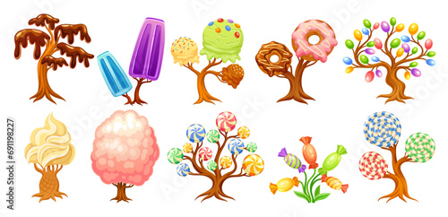 Fantasy candy sweets. Magic sweet world building element, chocolate tree caramel mushroom sugar lollipop flower cartoon confectionery fairytale dessert neoteric vector illustration