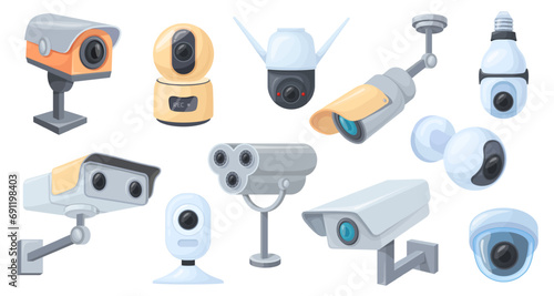 Cartoon surveillance cameras. Cctv spy watching video system, professional home or outdoor security equipment, interior camera lens safety alarms control, neat vector illustration