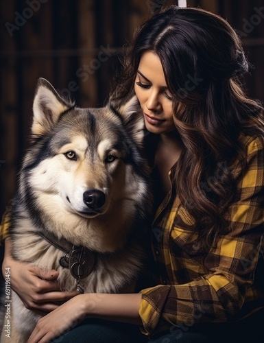  a woman and a Timberwolf in a close portrait, friends, in a vertical format in a togetherness-themed, photorealistic illustration in JPG. Generative ai © Purple Penguin GFX
