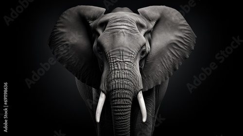 a Bull Elephant with tusks in a black and white photo  Chiaroscuro lighting with room for copy in a dramatic Wildlife-themed  horizontal format of photorealistic illustration in JPG. Generative ai