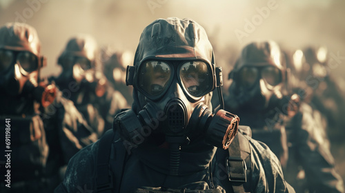 an army of soldiers in hazmat gear, with red eyes, and gas masks on, on a battlefield marching in perfect unison, High angle view, Volumetric lighting