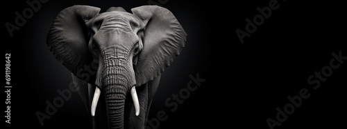 a Bull Elephant with tusks in a black and white photo, Chiaroscuro lighting with room for copy in a dramatic Wildlife-themed, horizontal format of photorealistic illustration in JPG. Generative ai