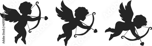 cupid icon set. love and valentine's day symbol. Cupid shooting arrow. isolated vector black silhouette image photo