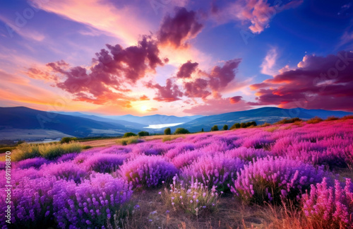 lavender fields at sunset with dramatic sky
