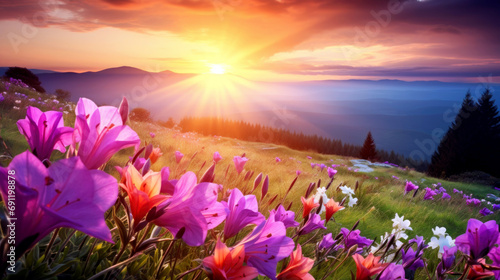 Fényképezés mountain sunset with wildflowers