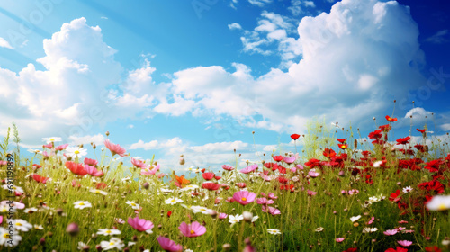 colorful wildflowers in sunny meadow with blue sky and cloud