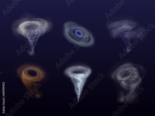 Realistic hurricane. Destruction tornado, dust wind twister whirlpool or storm cyclone in sea, water swirl whirlwind effect nature typhoon isolated vortex exact vector illustration