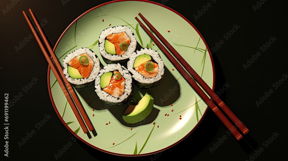 Sushi on a green plate with chopsticks, top view, on a dark background, and room for copy in an Oriental food-themed, photorealistic illustration in JPG. Generative ai Sushi on a green plate with chopsticks, top view, on a dark background, and room for copy in an Oriental food-themed, photorealistic illustration in JPG. Generative ai