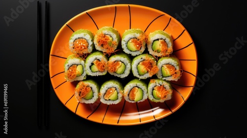 Sushi on an orange plate with chopsticks, top view, on a dark green background, and room for copy in an Oriental cuisine-themed, photorealistic illustration in JPG. generative ai