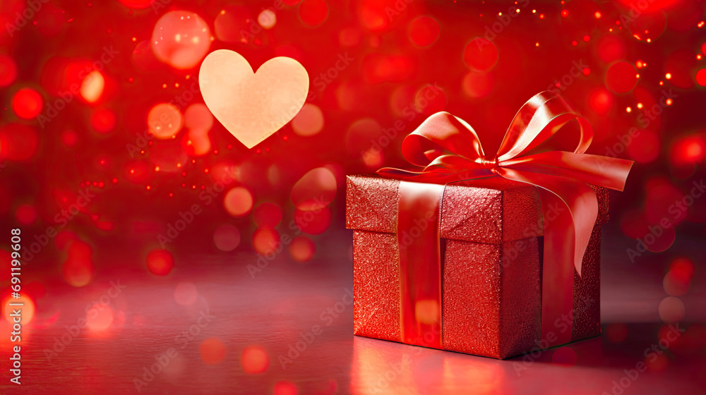 Fototapeta premium Red gift box with satin ribbon on glowing red background with heart-shaped bokeh lights