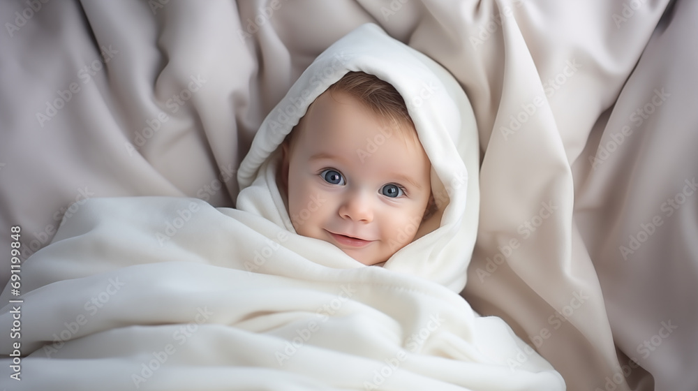 adorable and beautiful smiling baby lying covered with a white blanket adorable and beautiful smiling baby lying covered with a white blanket