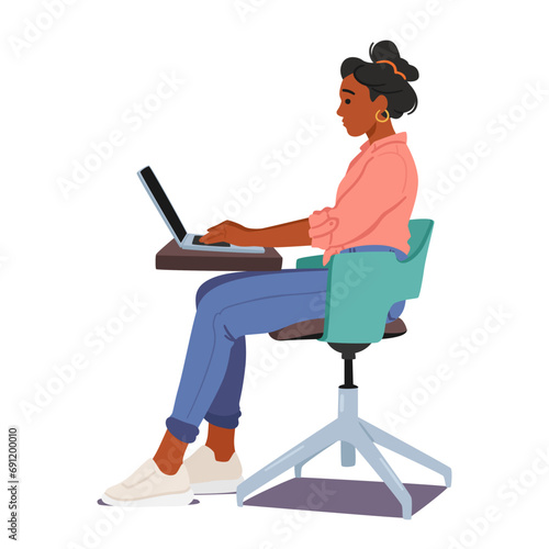 Proper Pose Working On Pc, Female Character Sits With A Straight Back, Elbows At 90 Degrees On The Desk