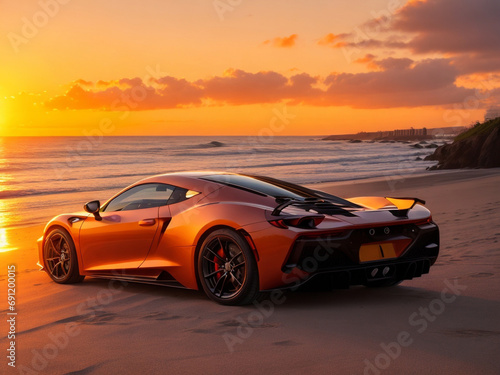 Supercar on the beach at sunset photo