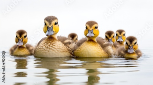 Ducklings swimming, front view on a light background in a horizontal format in a Spring-themed, photorealistic illustration in JPG. Generative ai