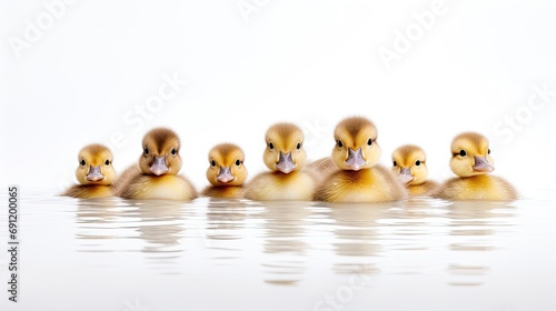 ducklings in a row, with reflections on a light background, room for copy in a horizontal format in a Nature-themed, photorealistic illustration in JPG. Generative ai