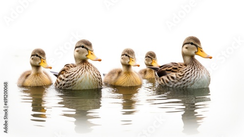 Ducklings swimming, front view on a light background in a horizontal format in a Spring-themed, photorealistic illustration in JPG. Generative ai © Purple Penguin GFX