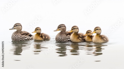 Ducks and ducklings swimming together on a light background in a horizontal format in a Spring/Summer-themed, photorealistic illustration in JPG. Generative ai © Purple Penguin GFX