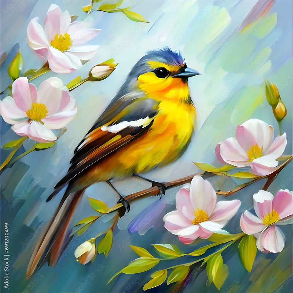 Acrylic painting of birds and spring flowers. Present day artisans paint brush strokes on the material. Presentation painting.