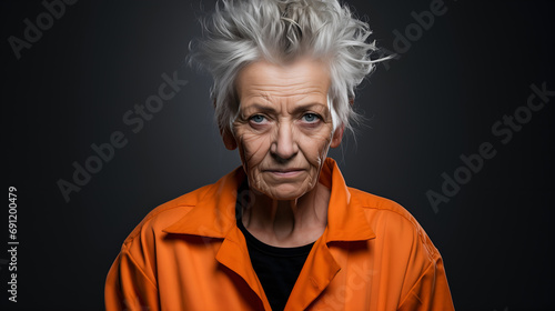 Aging woman prisoner in orange, intense gaze and stern expression © Sunshine Design