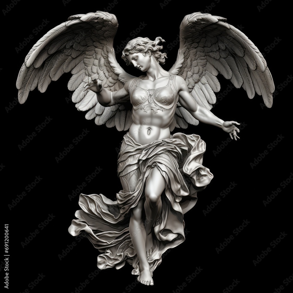 a sculpted marble male Guardian Angel on a dark background, in a square format in an Architectural decor-themed, photorealistic illustration in JPG. Generative ai a sculpted marble male Guardian Angel on a dark background, in a square format in an Architectural decor-themed, photorealistic illustration in JPG. Generative ai