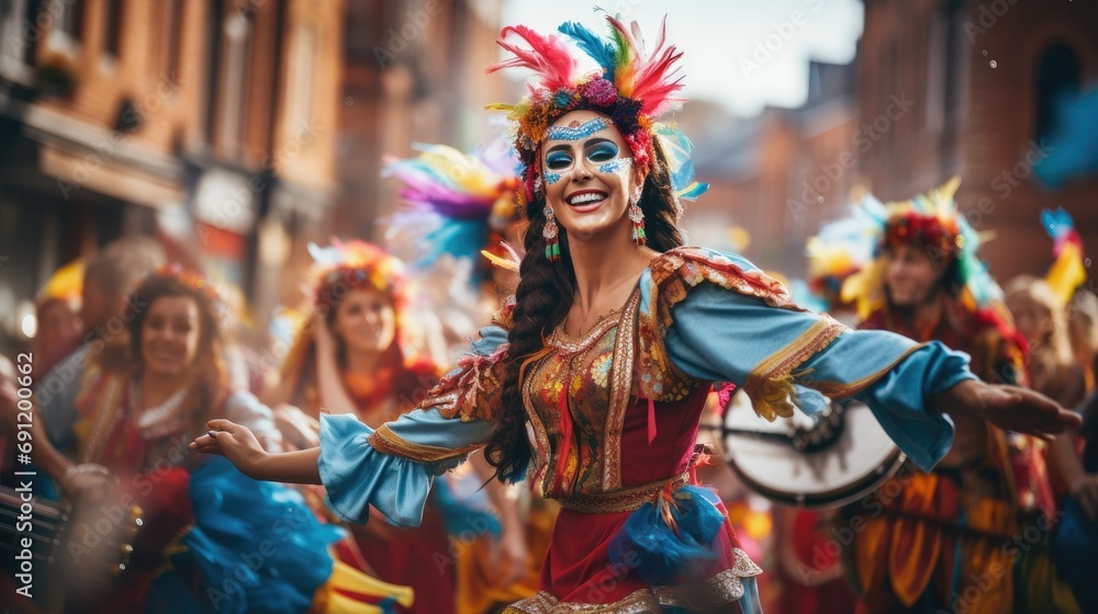 Colorful street parade with cultural, traditional musicians and dancers in a horizontal format in a Festive cultural-themed, photorealistic illustration in JPG. Generative ai