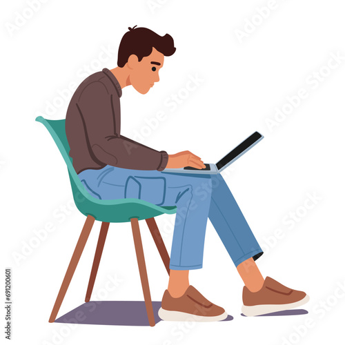Man Displays Poor Body Posture While Using Laptop, Inviting Discomfort And Potential Health Issues Vector Illustration
