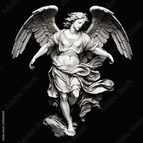 a sculpted marble male Guardian Angel on a dark background  in a square format in an Architectural decor-themed  photorealistic illustration in JPG. Generative ai