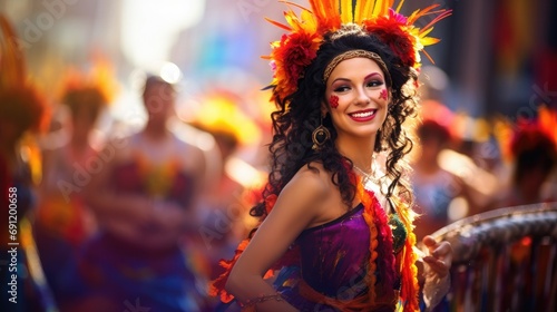 Colorful street parade with cultural  traditional musicians and dancers in a horizontal format in a Festive cultural-themed  photorealistic illustration in JPG. Generative ai