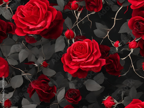 2d surface of red rose and branches with leaves  outline foundation. 3d discussion background for wall painting wall craft stylistic arrangement. Generative Artificial Intelligence.