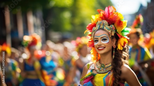 Colorful street parade with cultural, traditional musicians and dancers in a horizontal format in a Festive cultural-themed, photorealistic illustration in JPG. Generative ai