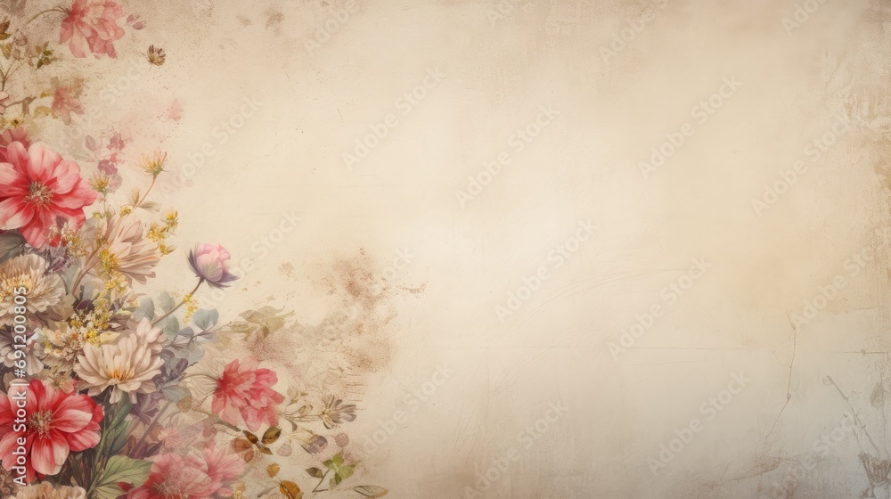 Elegant florals with a shabby chic background and space for copy/type in a horizontal format in a Junk Journal-themed, photorealistic illustration in JPG. Generative ai Elegant florals with a shabby chic background and space for copy/type in a horizontal format in a Junk Journal-themed, photorealistic illustration in JPG. Generative ai