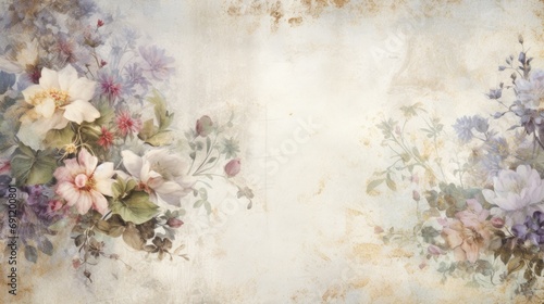 Elegant florals with a shabby chic background and space for copy/type in a horizontal format in a Junk Journal-themed, photorealistic illustration in JPG. Generative ai