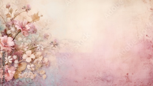Elegant florals with a shabby chic background and space for copy/type in a horizontal format in a Junk Journal-themed, photorealistic illustration in JPG. Generative ai