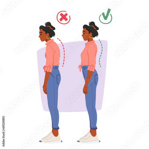 Black Woman With Standing In Bad Posture, Slouched With Rounded Shoulders. Good Posture, Upright, Shoulders Back